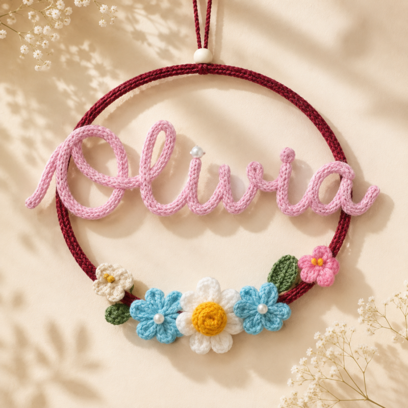 Personalized Crochet Name Hoop – Handmade Floral Wall Decor