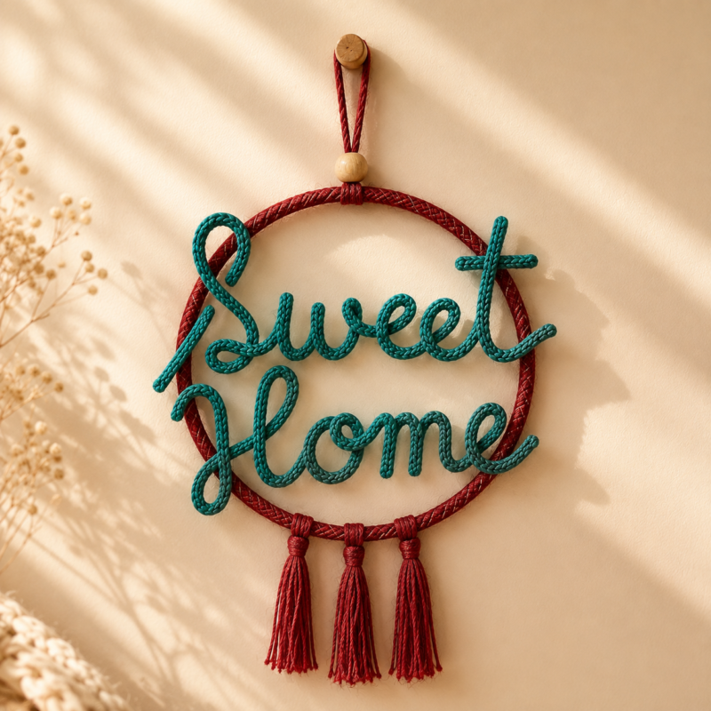 Handmade Crochet Sweet Home Wall Hanging – Personalized Hoop Decor