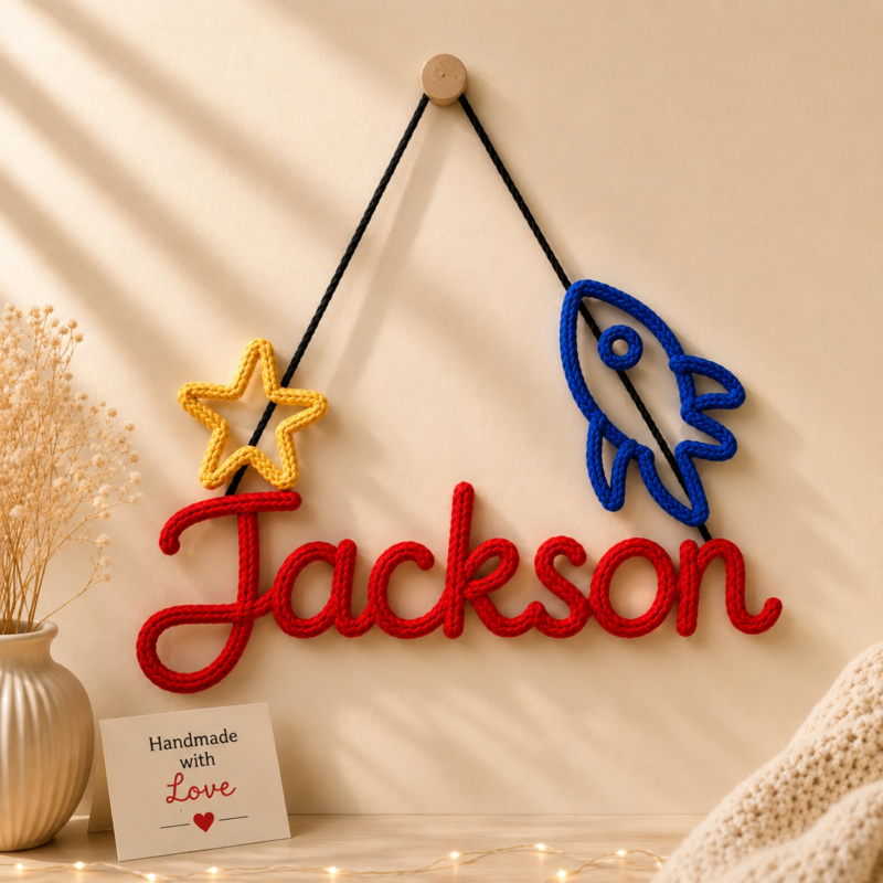 Personalized Crochet Rocket Name Wall Hanging – Handmade Kids Decor