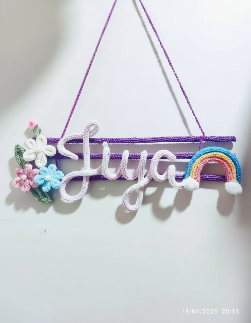Personalized Crochet Name Wall Hanging with Flowers & Rainbow