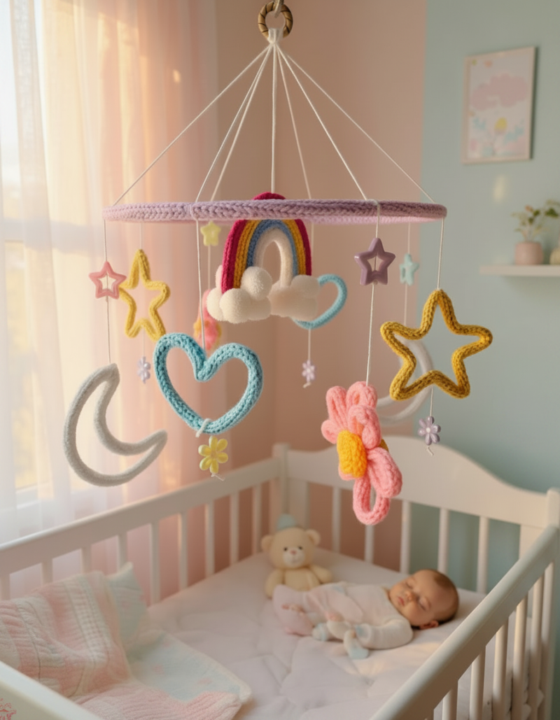 Handmade Crochet Baby Rainbow & Stars Nursery Hanging Decor