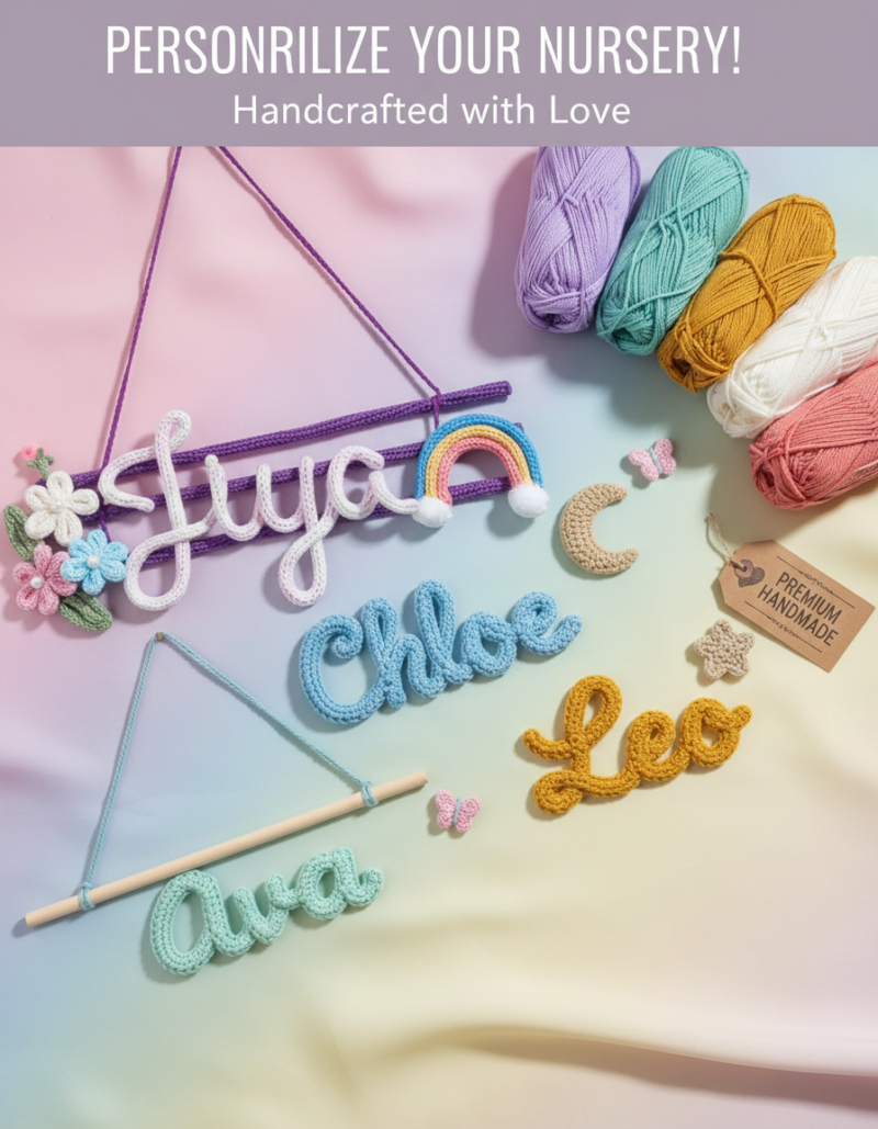Personalized Crochet Name Wall Hanging with Flowers & Rainbow