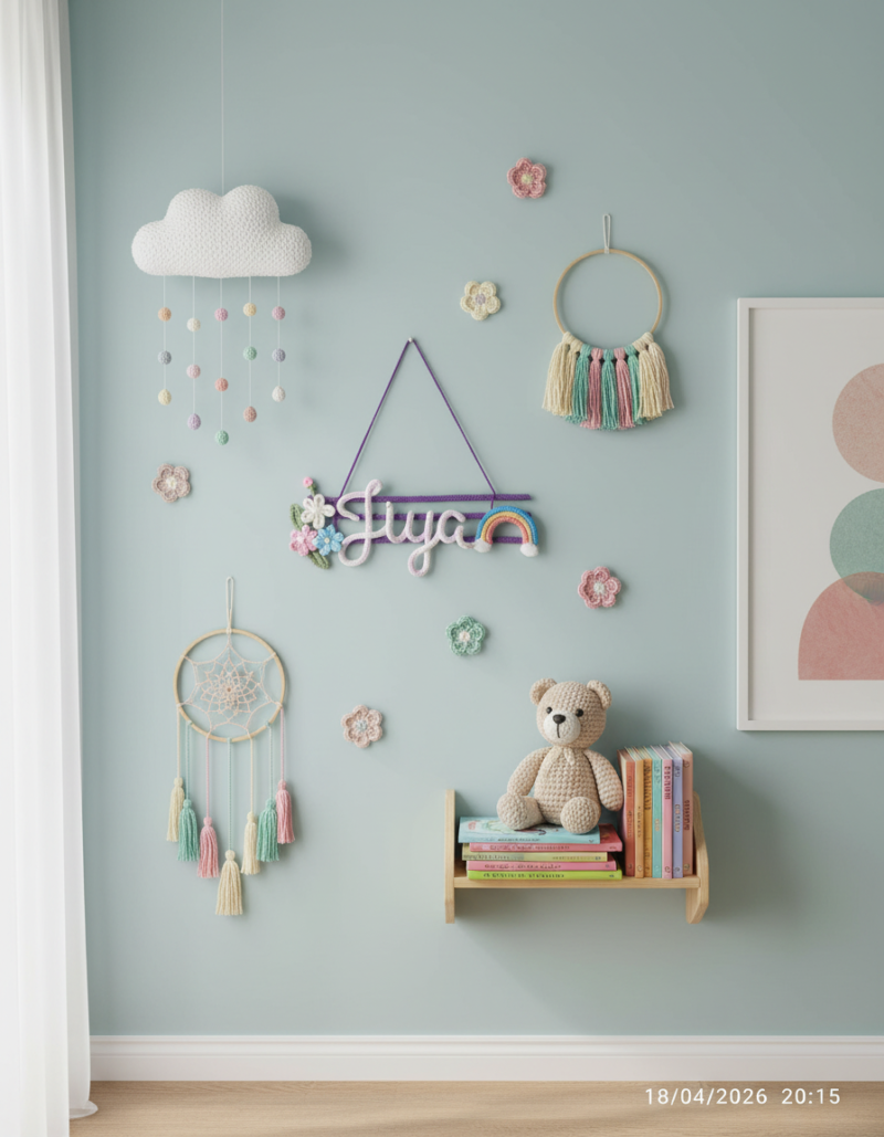 Personalized Crochet Name Wall Hanging with Flowers & Rainbow