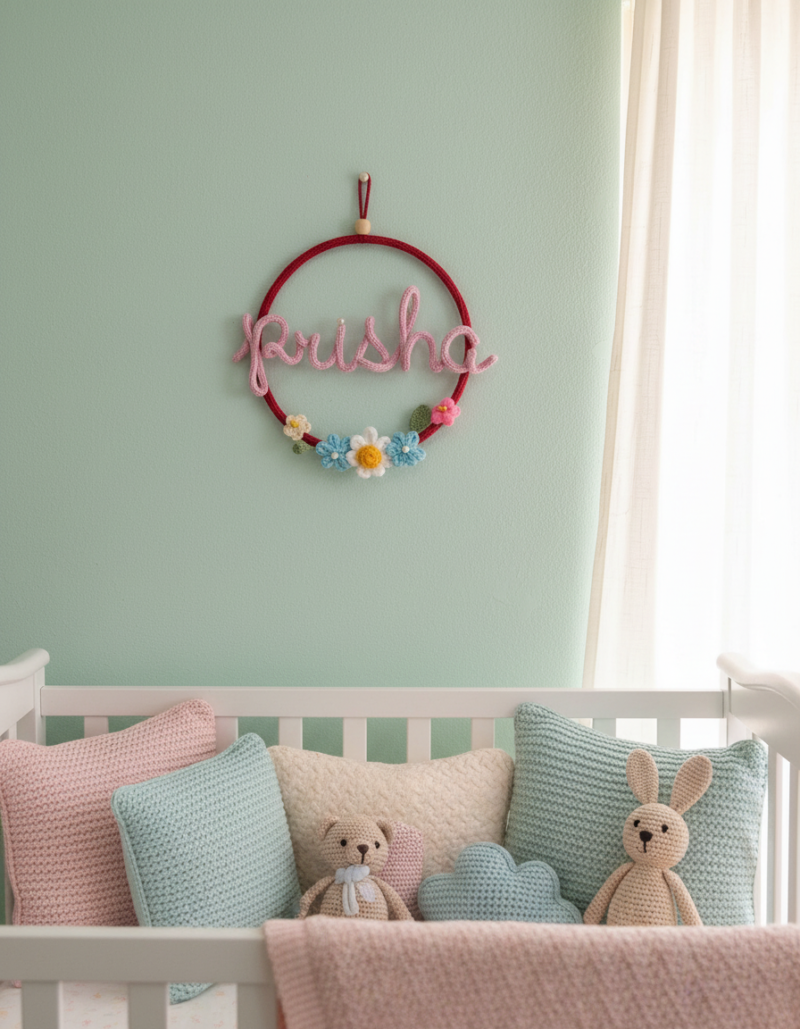Personalized Crochet Name Hoop – Handmade Floral Wall Decor