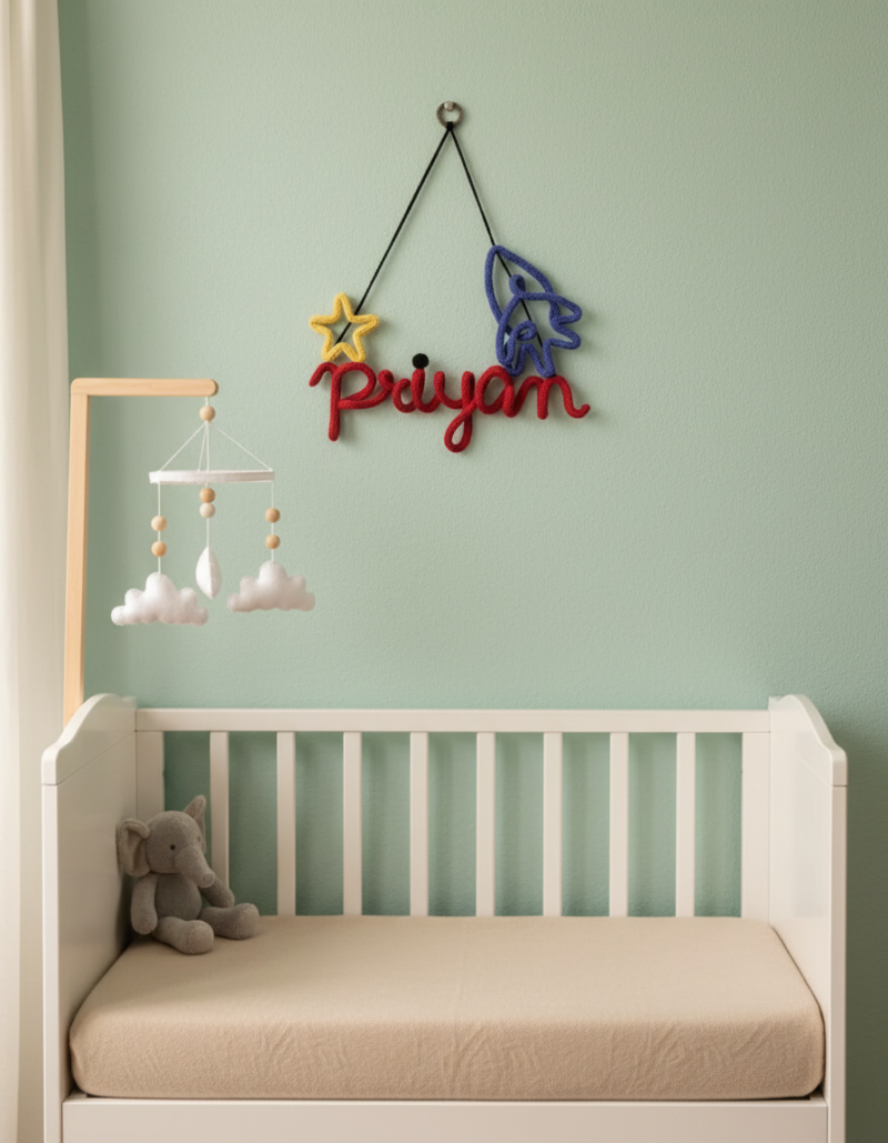 Personalized Crochet Rocket Name Wall Hanging – Handmade Kids Decor
