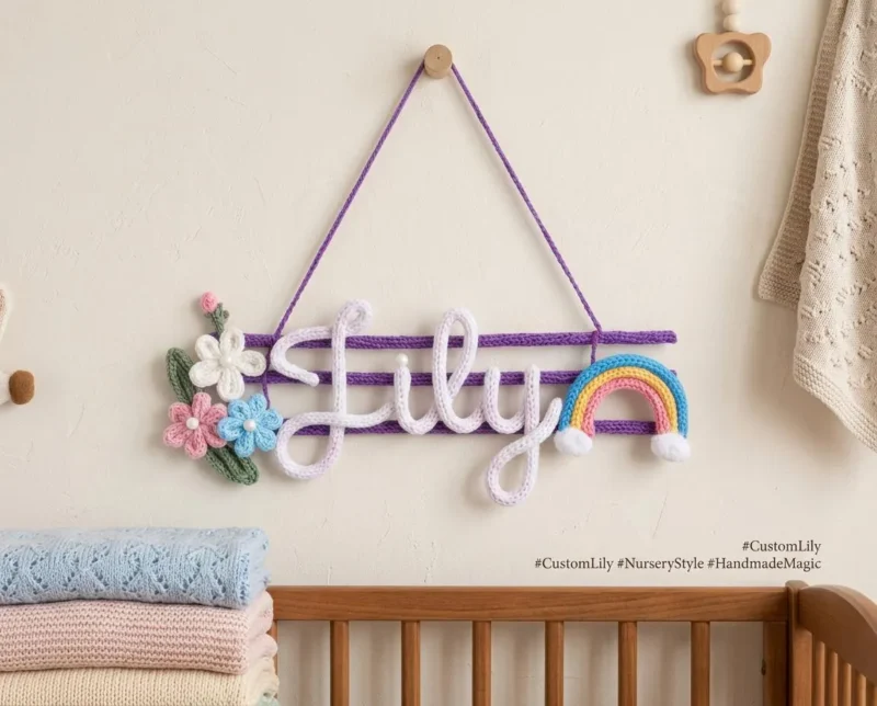 Personalized Crochet Name Wall Hanging with Flowers & Rainbow