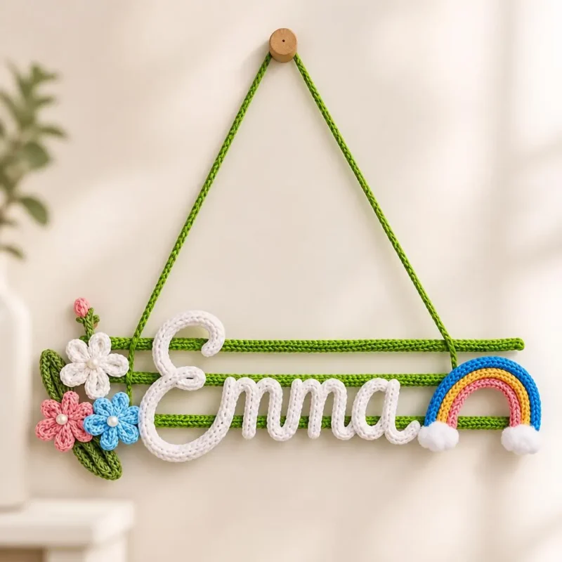Personalized Crochet Name Wall Hanging with Flowers & Rainbow