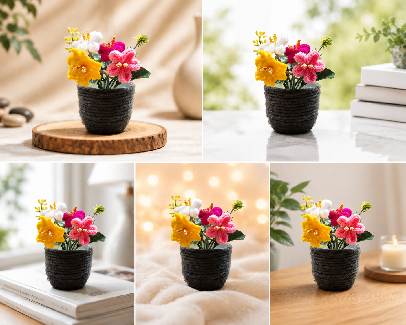 Handmade Crochet Flower Bouquet in Thread-Wrapped Pot - Home Decor Gift - Image 2