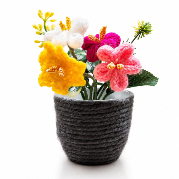 Handmade Crochet Flower Bouquet in Thread-Wrapped Pot - Home Decor Gift