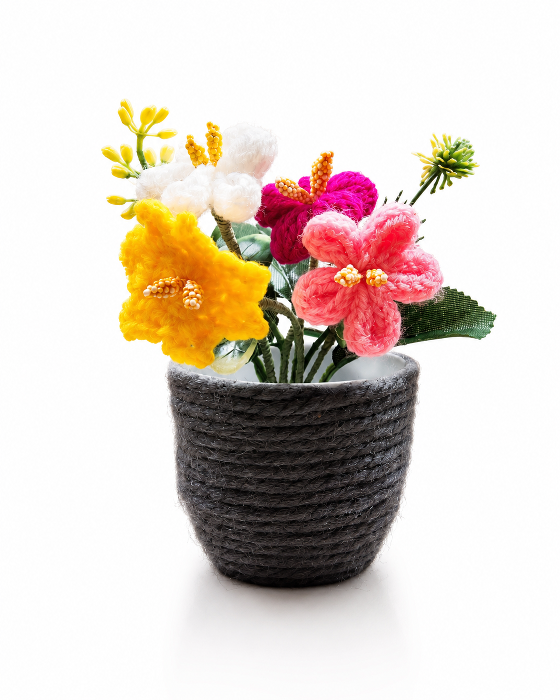 Handmade Crochet Flower Bouquet in Thread-Wrapped Pot - Home Decor Gift