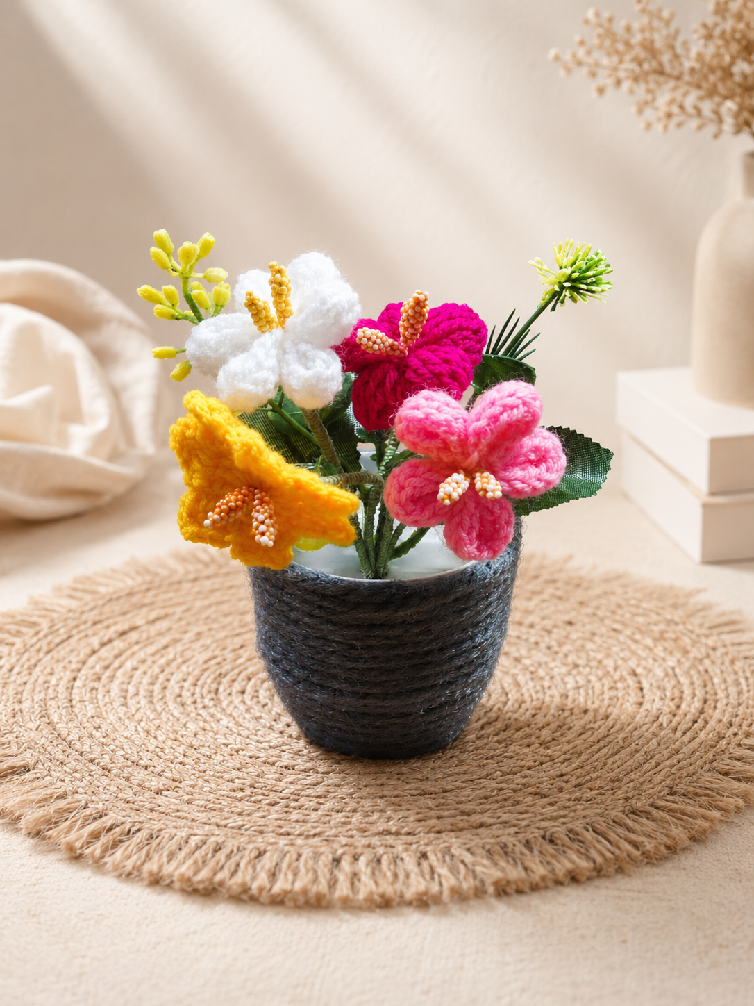 Handmade Crochet Flower Bouquet in Thread-Wrapped Pot - Home Decor Gift - Image 4