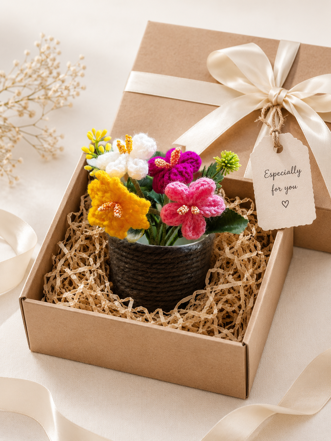 Handmade Crochet Flower Bouquet in Thread-Wrapped Pot - Home Decor Gift - Image 5
