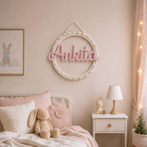 Personalised name hoop with the lettering in coral pink yarn