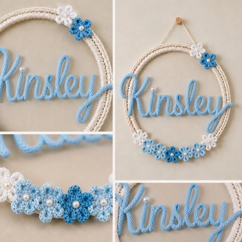Personalized Floral Wire Name Sign | Tricotin Yarn Hoop, Nursery Wall Decor