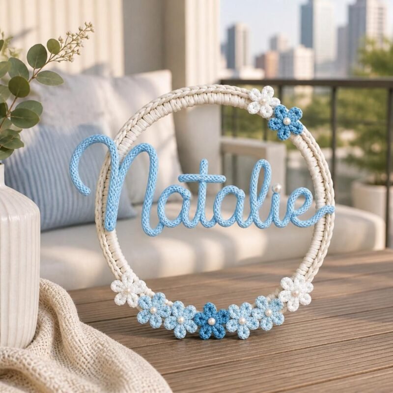 Personalized Floral Wire Name Sign | Tricotin Yarn Hoop, Nursery Wall Decor