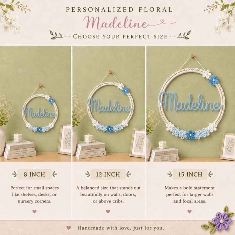 Personalized Floral Wire Name Sign | Tricotin Yarn Hoop, Nursery Wall Decor