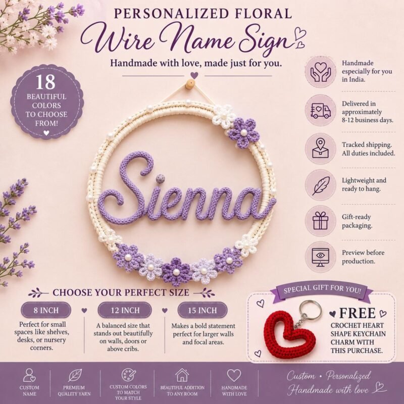 Personalized Floral Wire Name Sign | Tricotin Yarn Hoop, Nursery Wall Decor