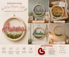 Personalized Floral Wire Name Sign, Tricotin Yarn Hoop, Nursery Wall Decor