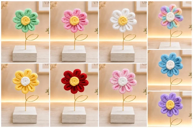 Handmade Crochet Cotton Yarn Flower Desk Decor | Wooden Base, Home Office Accent