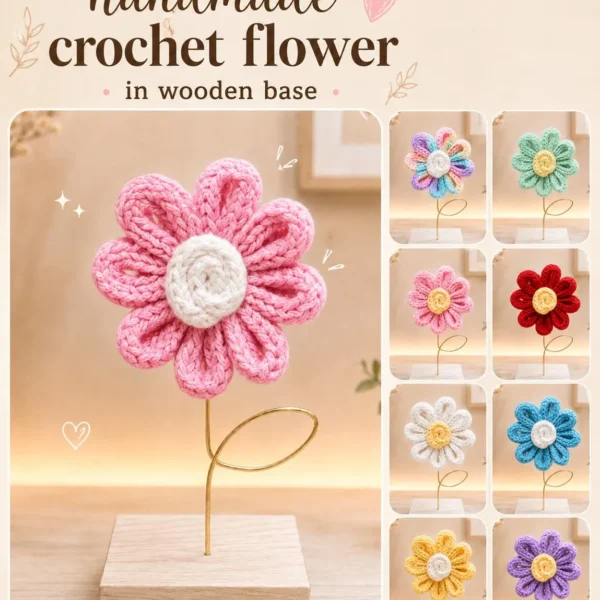 Handmade Crochet Cotton Yarn Flower Desk Decor | Wooden Base, Home Office Accent