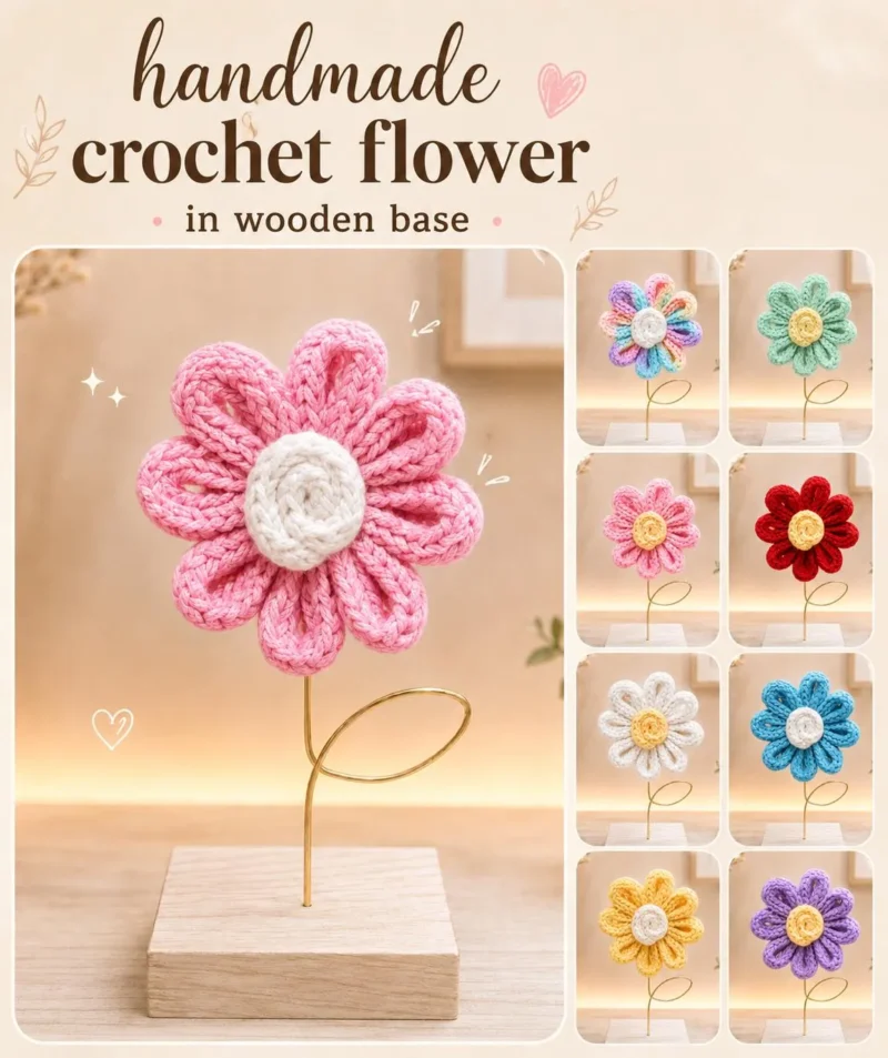 Handmade Crochet Cotton Yarn Flower Desk Decor | Wooden Base, Home Office Accent