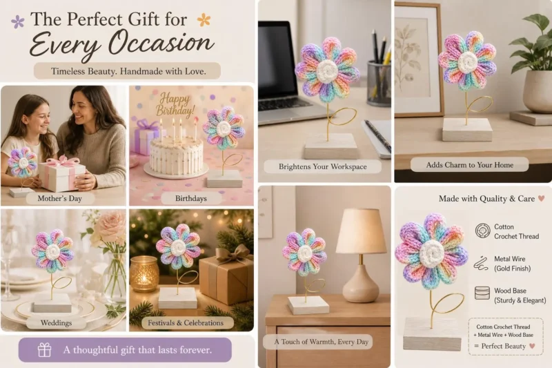 Handmade Crochet Cotton Yarn Flower Desk Decor | Wooden Base, Home Office Accent