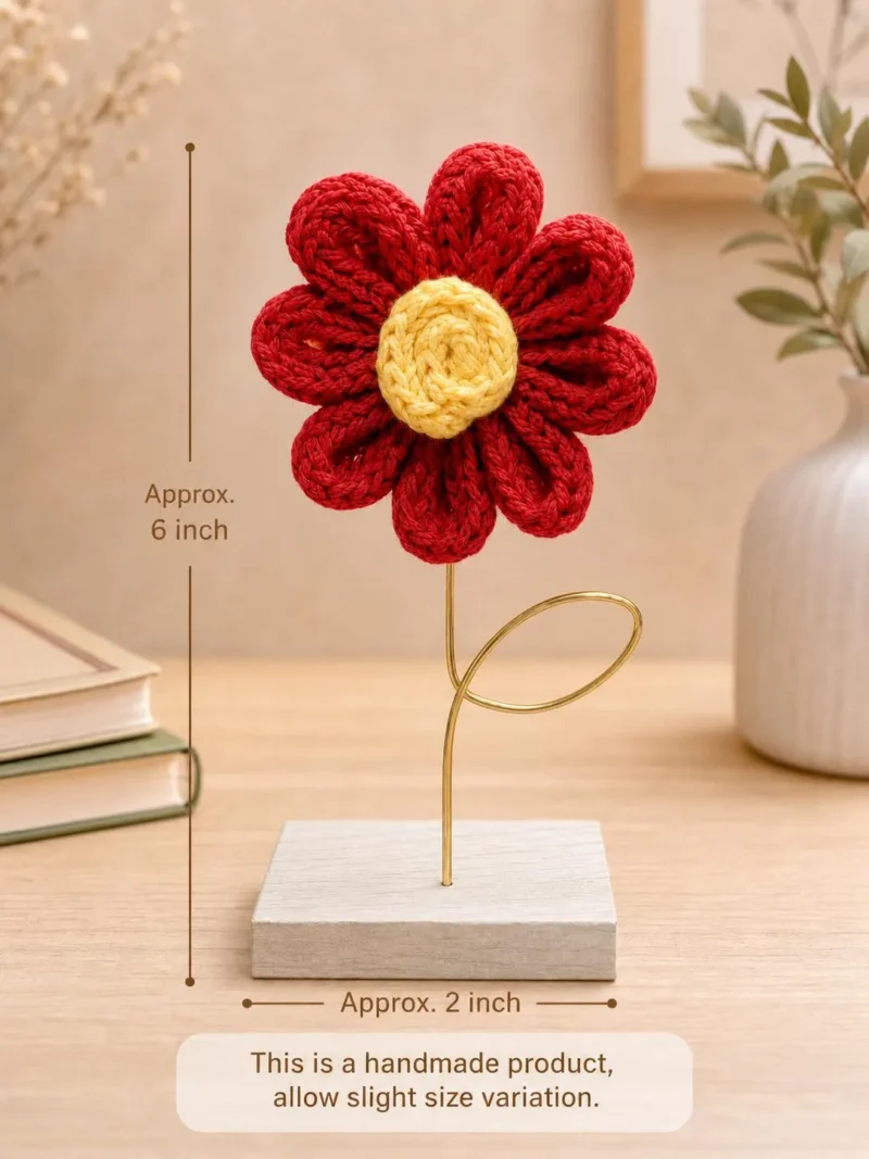 Handmade Crochet Cotton Yarn Flower Desk Decor | Wooden Base, Home Office Accent