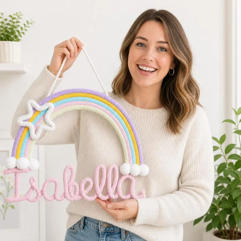 Personalized Rainbow Name Sign, Crochet Nursery Wall Decor, Kids Room, Baby Shower Gift