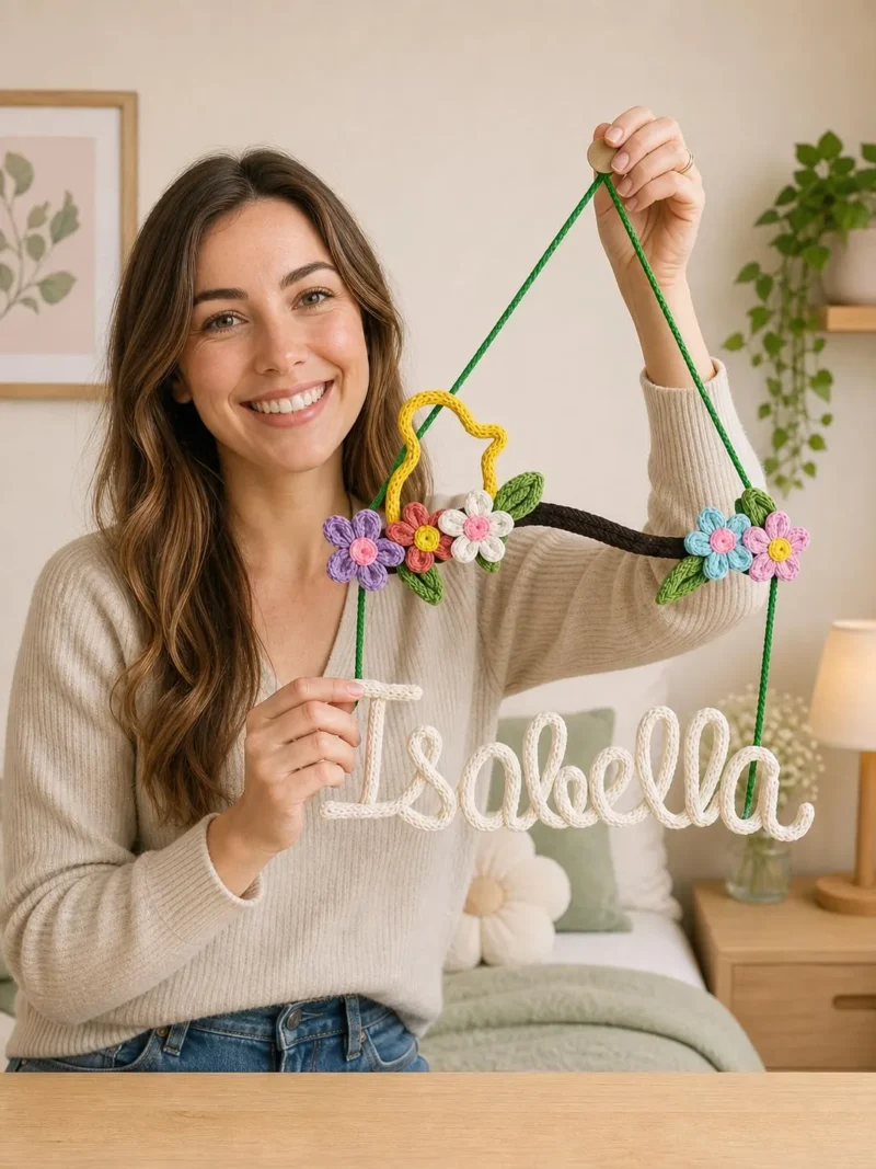 Personalized Floral Name Sign, Crochet Nursery Name Sign, Custom Baby Name Wall Decor, Kids Room Decor, Baby Shower Gift