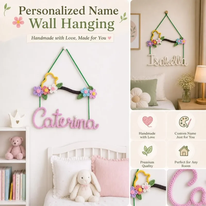 Personalized Floral Name Sign, Crochet Nursery Name Sign, Custom Baby Name Wall Decor, Kids Room Decor, Baby Shower Gift