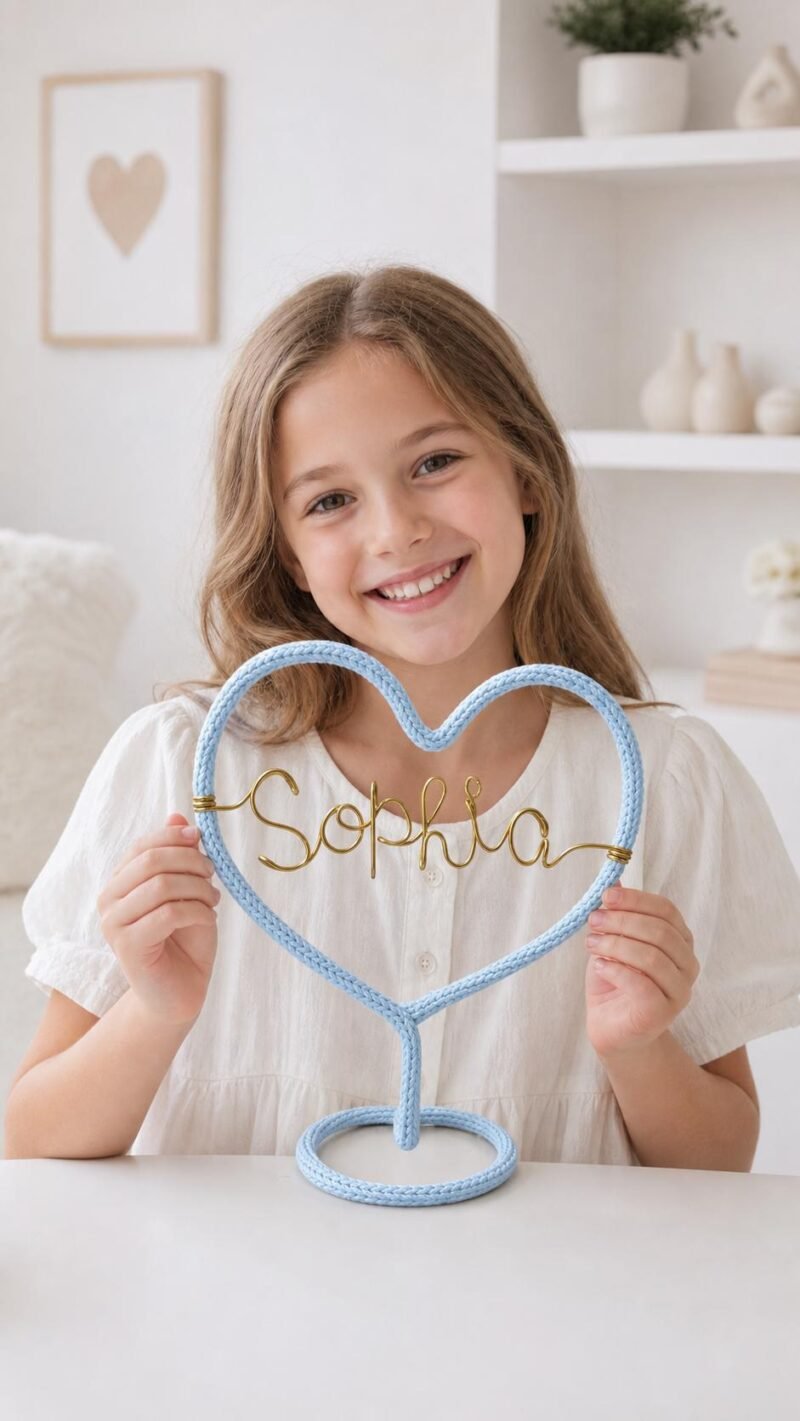 Personalized Heart Name Sign, Custom Wire Name Art, Crochet Desk Decor, Freestanding Name Sign, Gift for Her