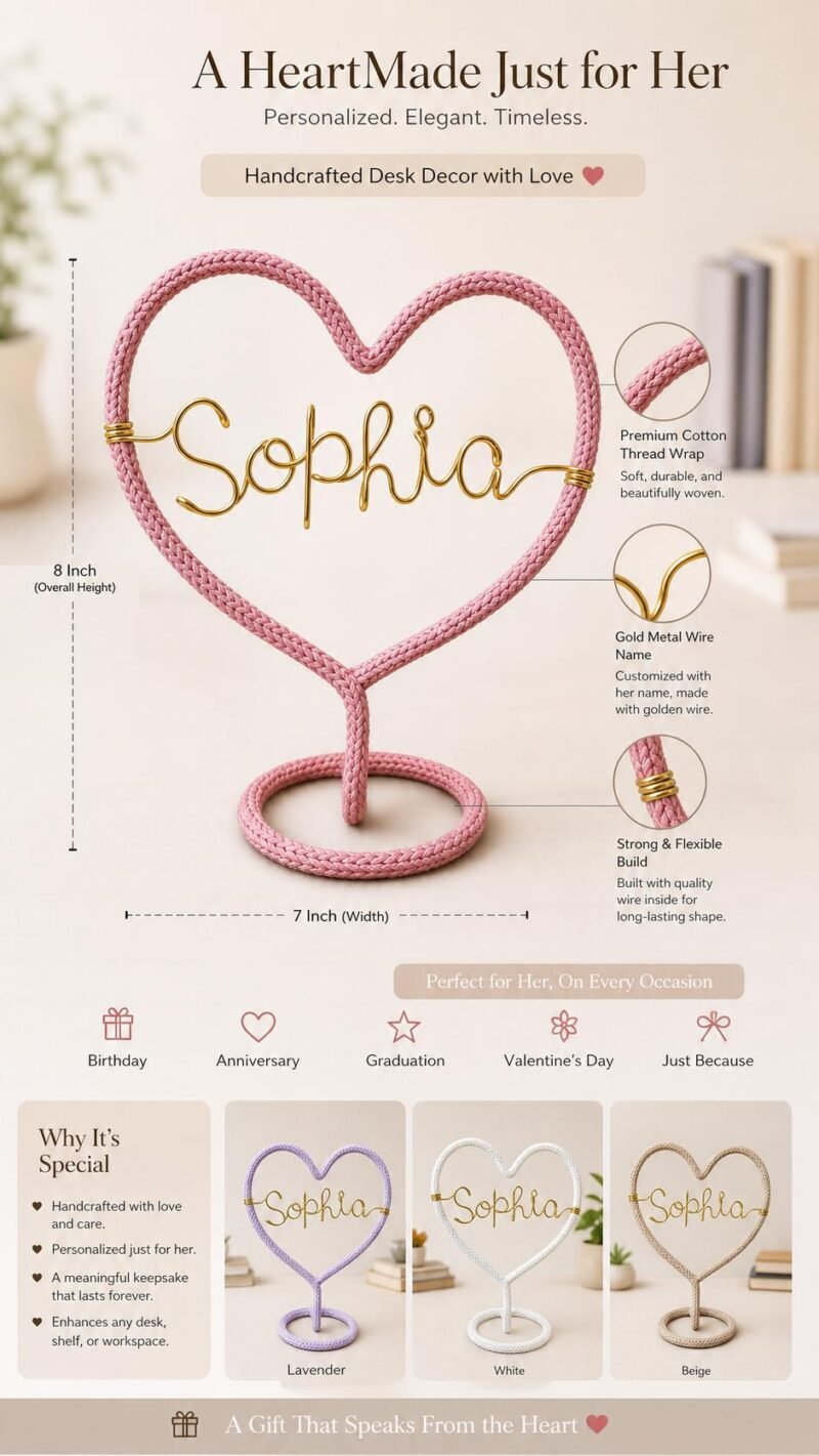 Personalized Heart Name Sign, Custom Wire Name Art, Crochet Desk Decor, Freestanding Name Sign, Gift for Her