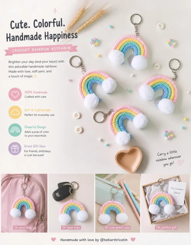 Crochet Rainbow Keychain, Handmade Rainbow Bag Charm, Cute Backpack Charm, Soft Cloud Keyring, Colorful Gift for Kids