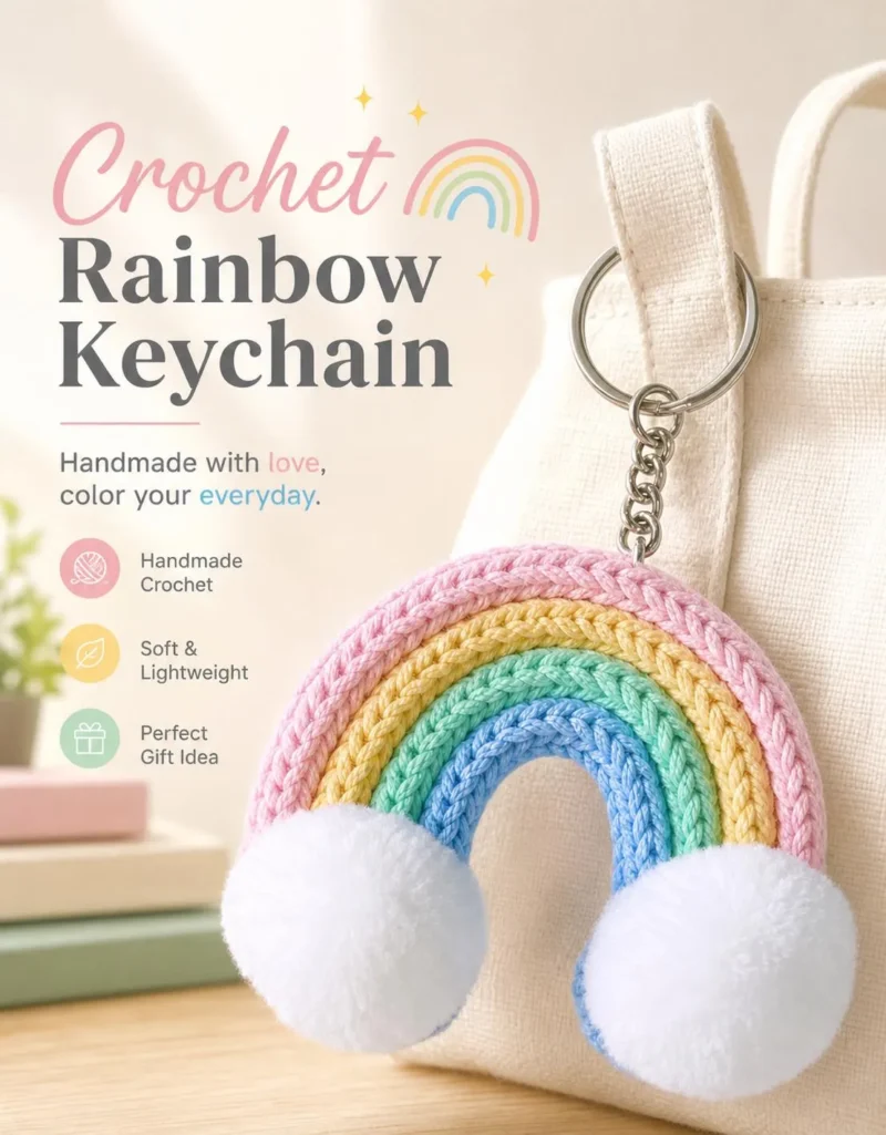 Crochet Rainbow Keychain, Handmade Rainbow Bag Charm, Cute Backpack Charm, Soft Cloud Keyring, Colorful Gift for Kids