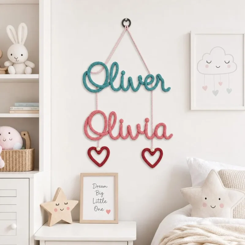 Personalized Sibling Name Sign, Two Name Nursery Wall Decor, Crochet Kids Room Sign, Twin Baby Gift, Brother Sister Gift