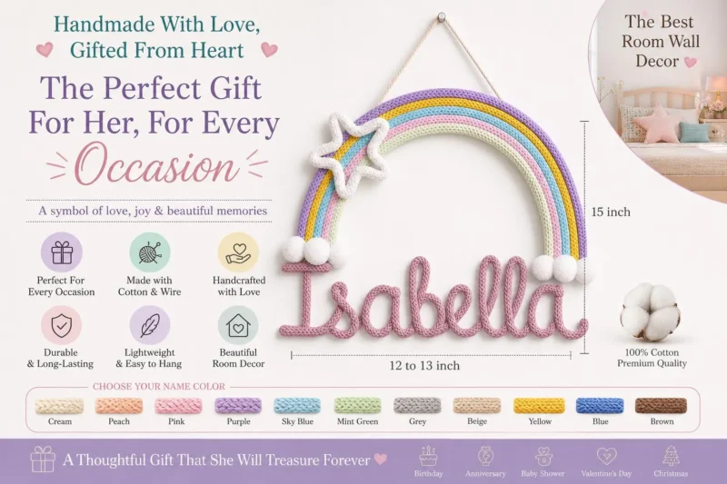 Personalized Rainbow Name Sign, Crochet Nursery Wall Decor, Kids Room, Baby Shower Gift