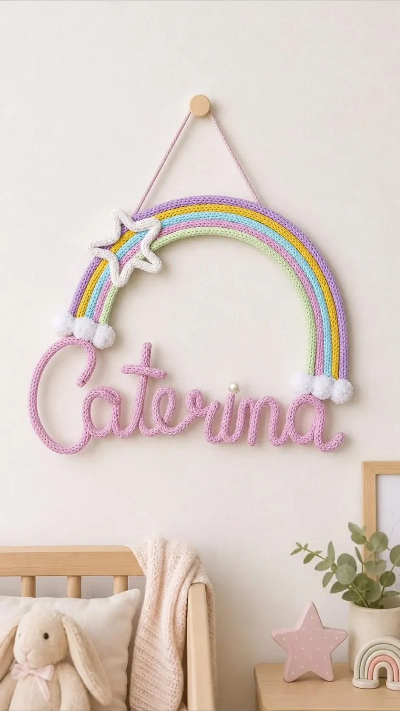 Personalized Rainbow Name Sign, Crochet Nursery Wall Decor, Kids Room, Baby Shower Gift
