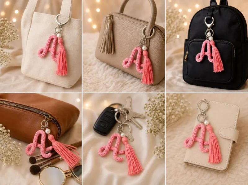 Personalized Crochet Letter Keychain, Custom Initial Keychain, Handmade Bag Charm, Floral or Tassel Keyring, Gift for Her