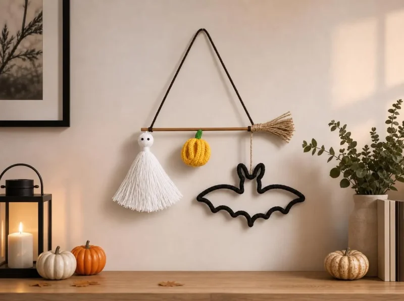 Halloween Crochet Wall Decor, Ghost Bat Garland, Spooky Handmade Hanging