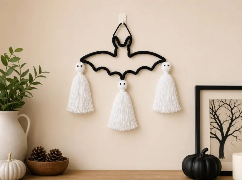 Halloween Crochet Wall Decor, Ghost Bat Garland, Spooky Handmade Hanging