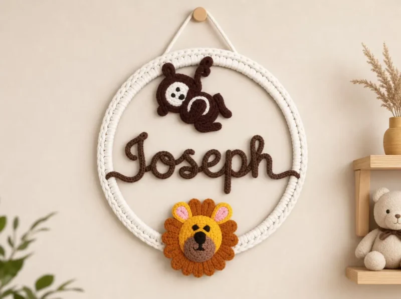 Personalized Safari Name Sign, Crochet Animal Nursery Decor, Jungle Name Hoop