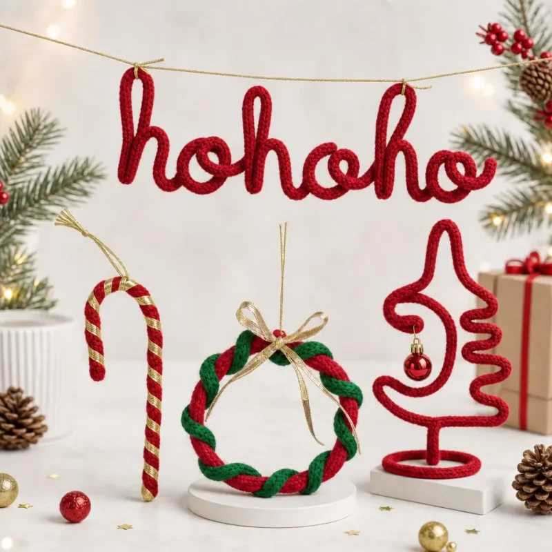 Christmas Crochet Decor Set of 4, Handmade Christmas Decorations, Ho Ho Ho Sign, Tree Candy Cane Wreath, Holiday Shelf Decor