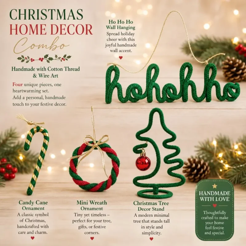 Christmas Crochet Decor Set of 4, Handmade Christmas Decorations, Ho Ho Ho Sign, Tree Candy Cane Wreath, Holiday Shelf Decor