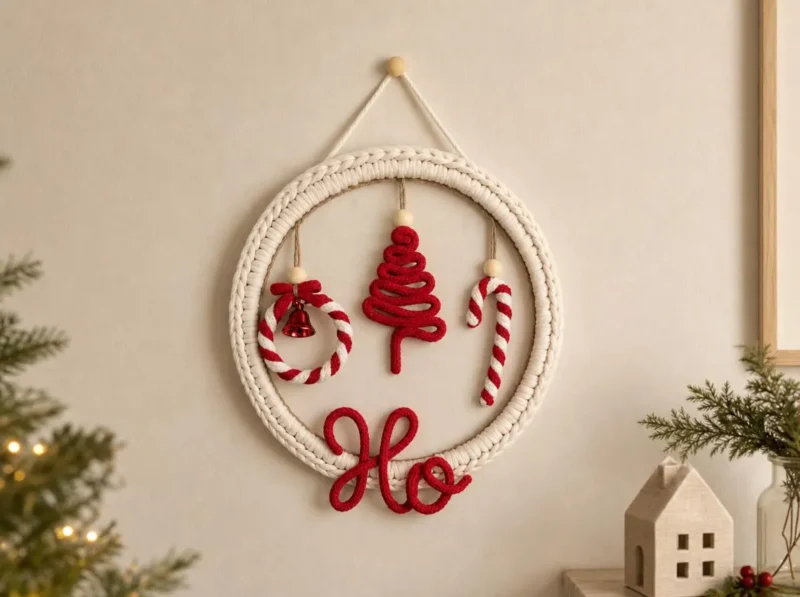 Handmade Christmas Wall Hanging, Ho Ho Ho Christmas Decor, Macrame Holiday Wreath, Door Hanging, Red or Green Xmas Wall Decor