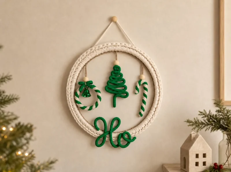 Handmade Christmas Wall Hanging, Ho Ho Ho Christmas Decor, Macrame Holiday Wreath, Door Hanging, Red or Green Xmas Wall Decor