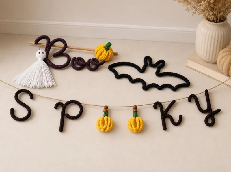 Halloween Crochet Wall Decor, Ghost Bat Garland, Spooky Handmade Hanging