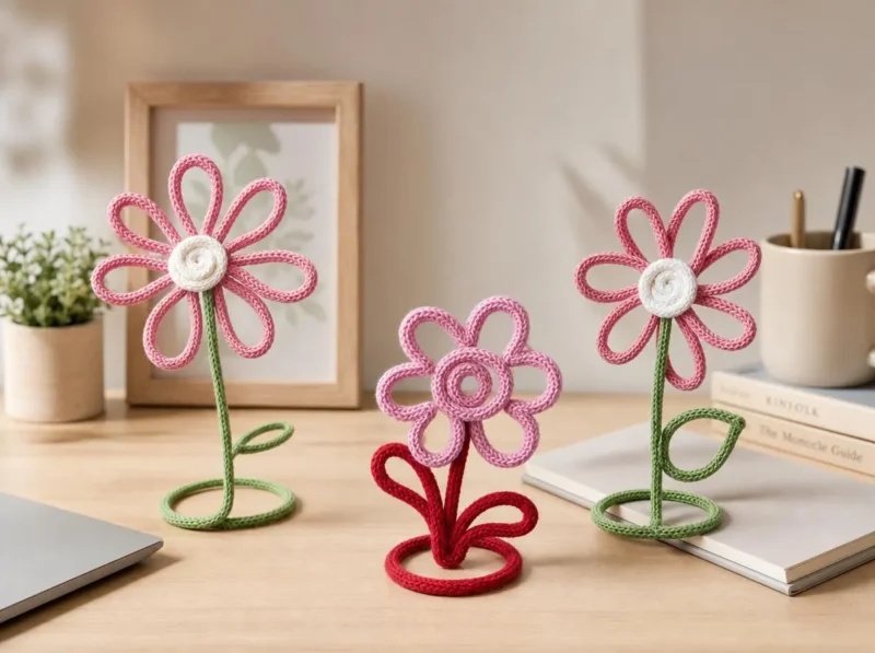 Crochet Wire Flower Desk Decor, Handmade Standing Flower, Office Table Decor