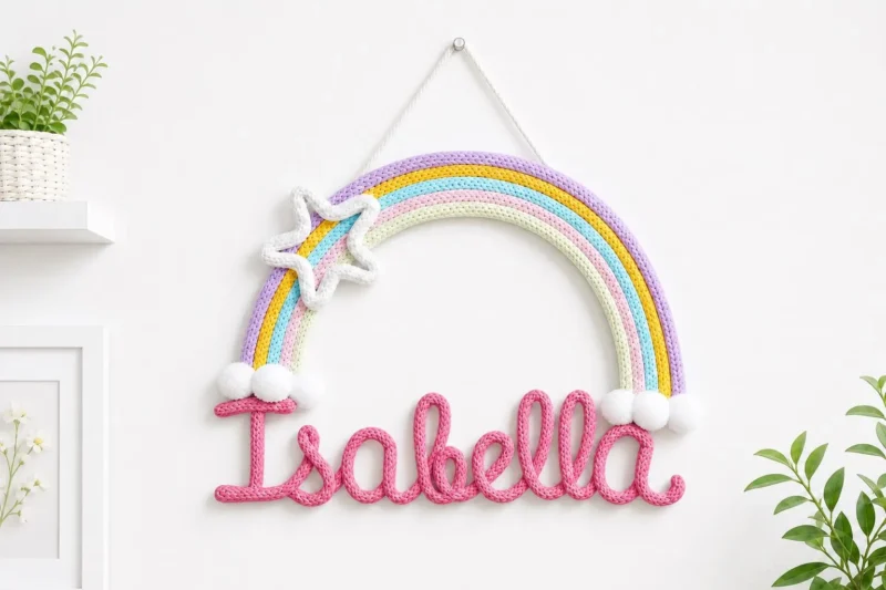 Personalized Rainbow Name Sign, Crochet Nursery Wall Decor, Kids Room, Baby Shower Gift
