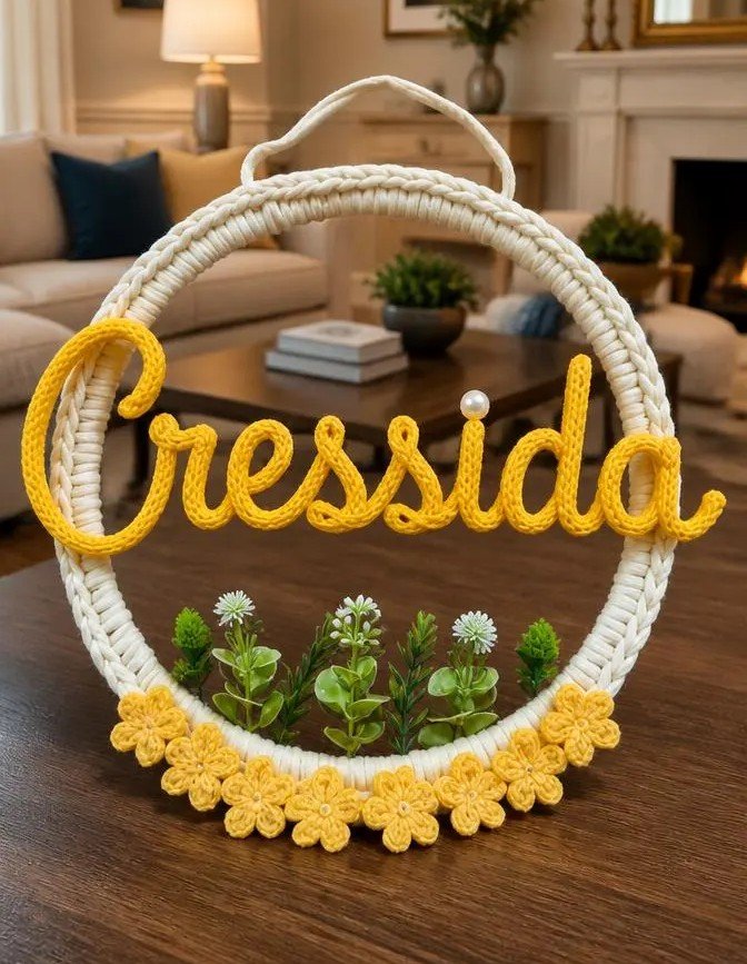 Personalized Floral Wire Name Sign, Tricotin Yarn Hoop, Nursery Wall Decor