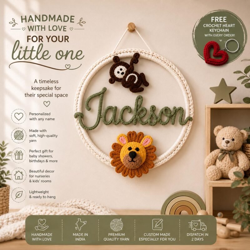 Personalized Safari Name Sign, Crochet Animal Nursery Decor, Jungle Name Hoop